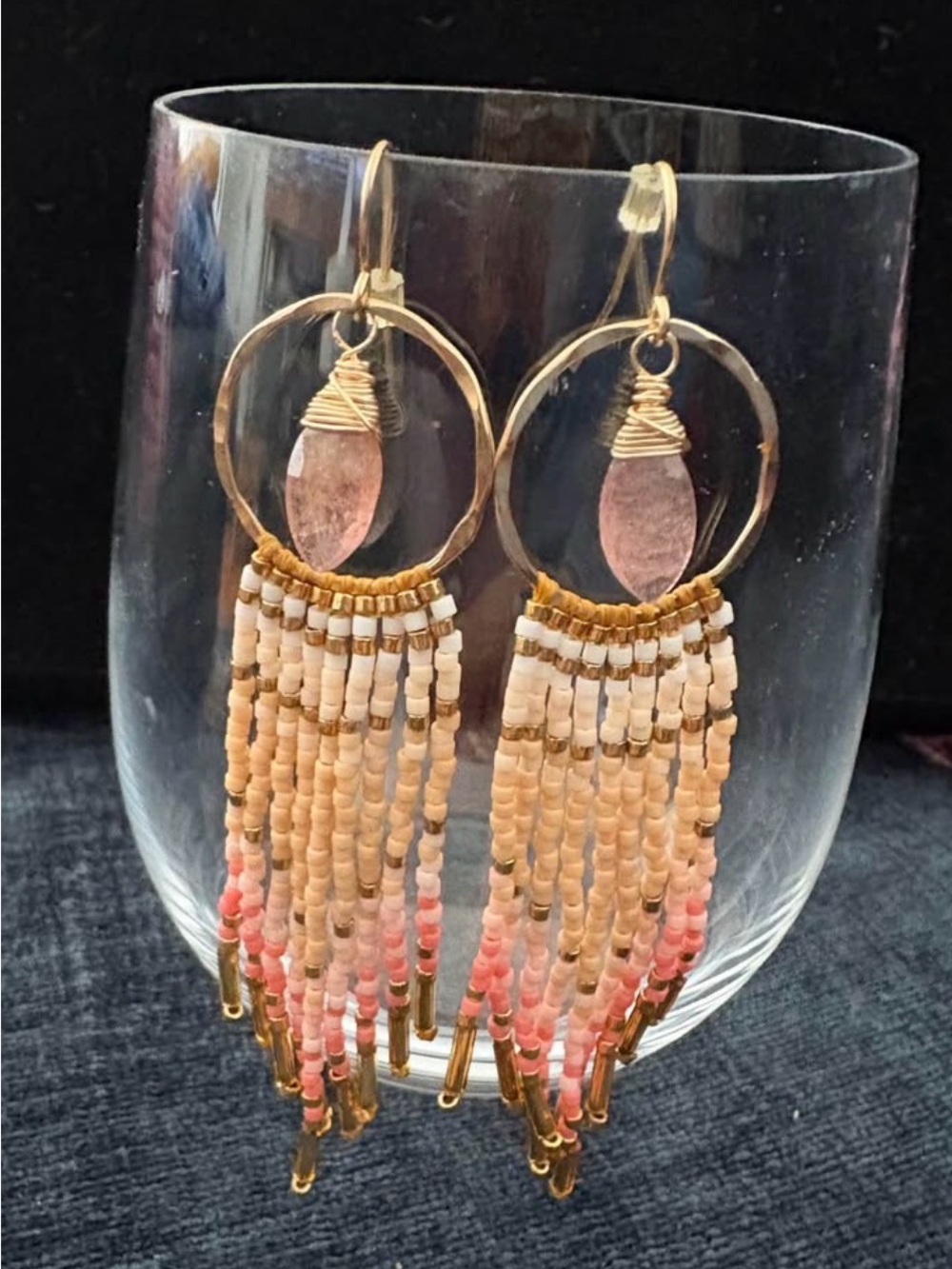 Handmade Gold and Coral Seed Bead Fringe Earrings